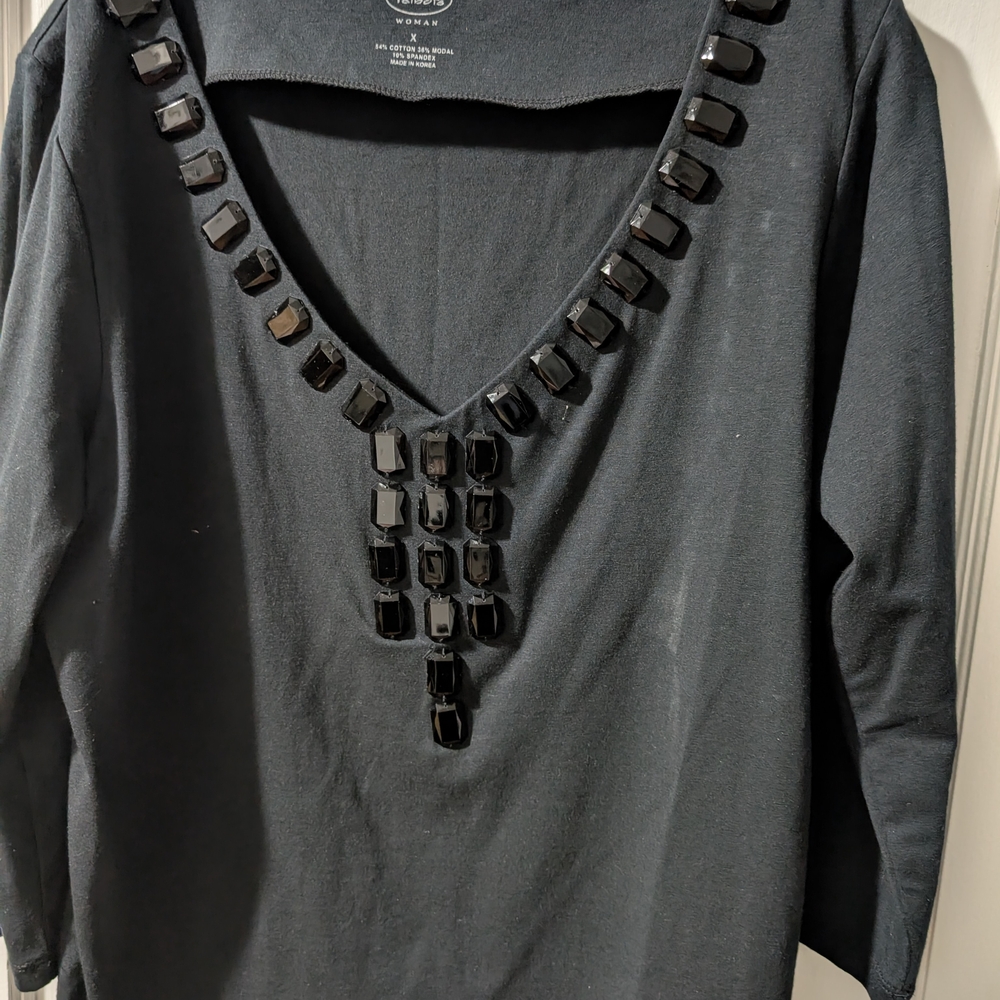 Talbots Black V-Neck Blouse with Embellishments